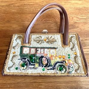 Vintage 1960s Beaded Caron of Houston Car Patterned Leather Purse